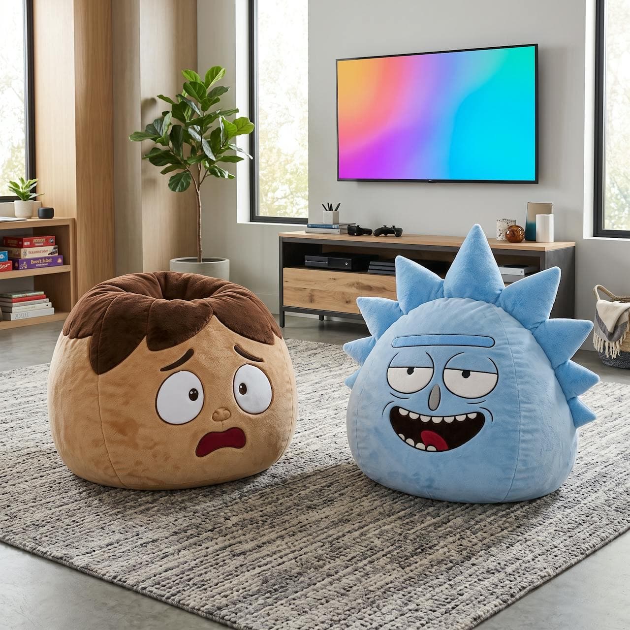 The Original Bean Head and Rick bean bags in a game room